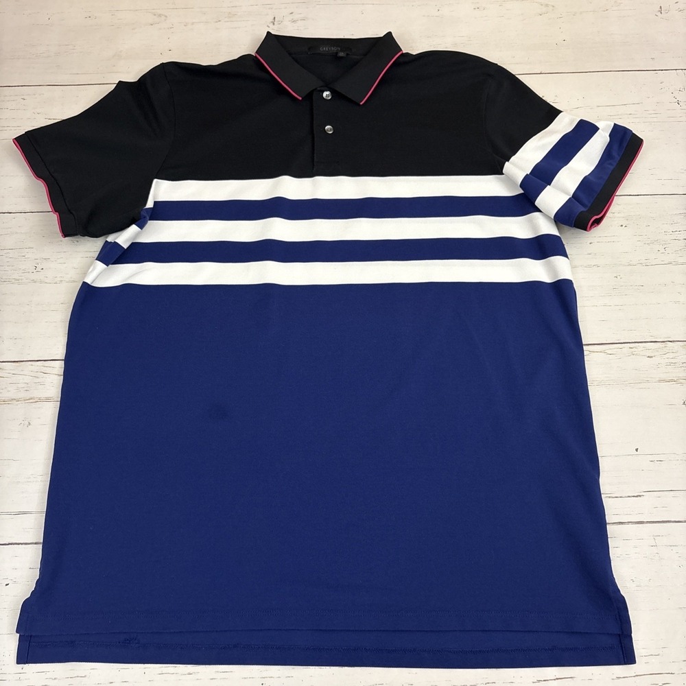 Greyson Polo Shirt Mens XL Blue Striped Golf Performance Logo Short Sleeve